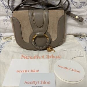 See By Chloé Taupe Suede & Leather Crossbody with Gold Ring Detail